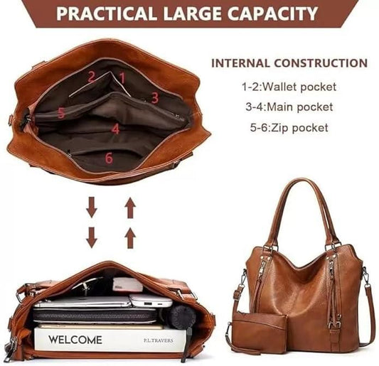 Tote Bags For Women PU Leather Hobo Bags for Women Purse Stylish 2 in 1 Handbags with Shoulder Strap Ladies Office Bag - Gadgetbro