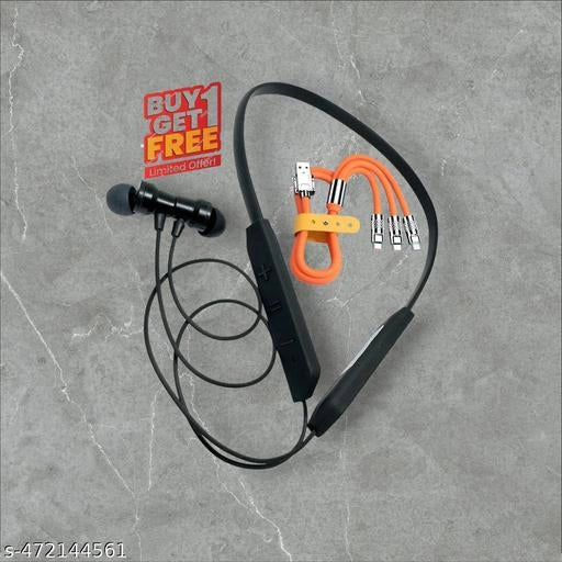 Wireless Bluetooth Neckband With 3 In 1 Charging Cable (Black & Orange, Set of 2)