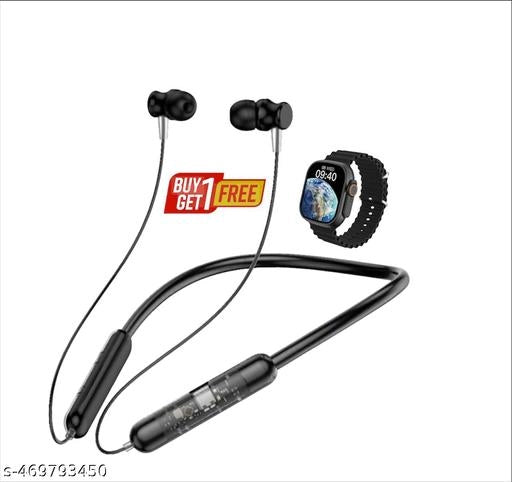 Wireless Bluetooth Neckband With Smartwatch (Black, Set of 2)