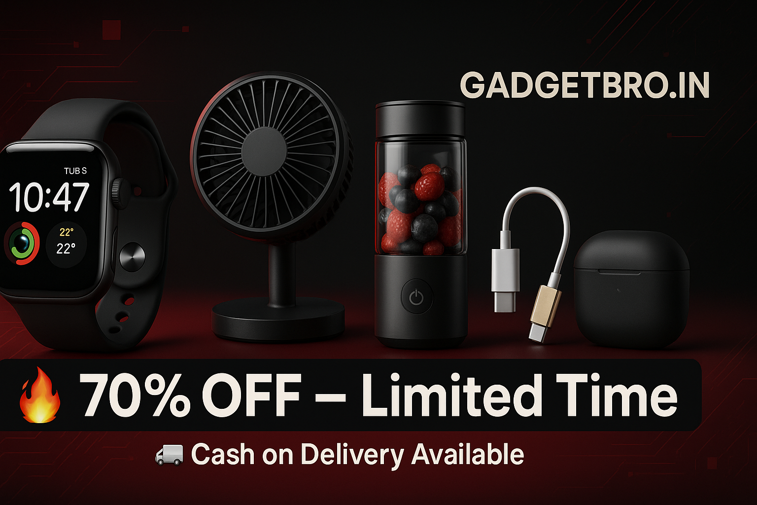 "Create a modern, eye-catching eCommerce promotional banner for GadgetBro.in.
Theme: Tech gadgets and trending products.
Highlight text: '🔥 70% OFF – Limited Time' and '🚚 Cash on Delivery Available'.
Style: Bold, clean, high-contrast with premium gadget visuals (smartwatch, mini fan, blender, accessories).
Background: Sleek gradient or abstract digital style.
Colors: Black, red, gold for urgency and premium feel.
Format: Wide rectangular banner, optimized for online store hero section."